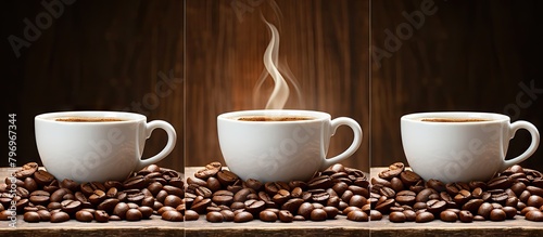 Two cups of java on a table with scattered coffee beans