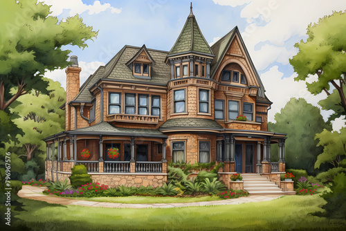 Victorian Style House (Cartoon Colored Pencil) - Originated in the mid to late 19th century in England, ornate style with asymmetrical shapes, intricate details, and steep roofs