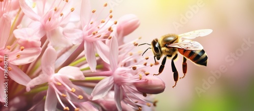 Bee hovering by pink flower