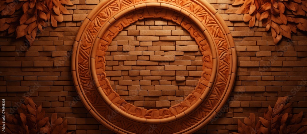 Obraz premium Brick wall with oval frame and leaf carvings