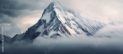 Mountain with snow, clouds, bird in the sky photo