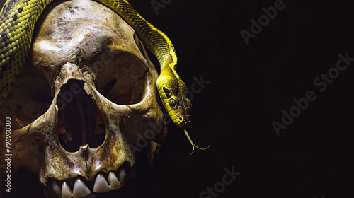 deadly snake crawling on a skull photo