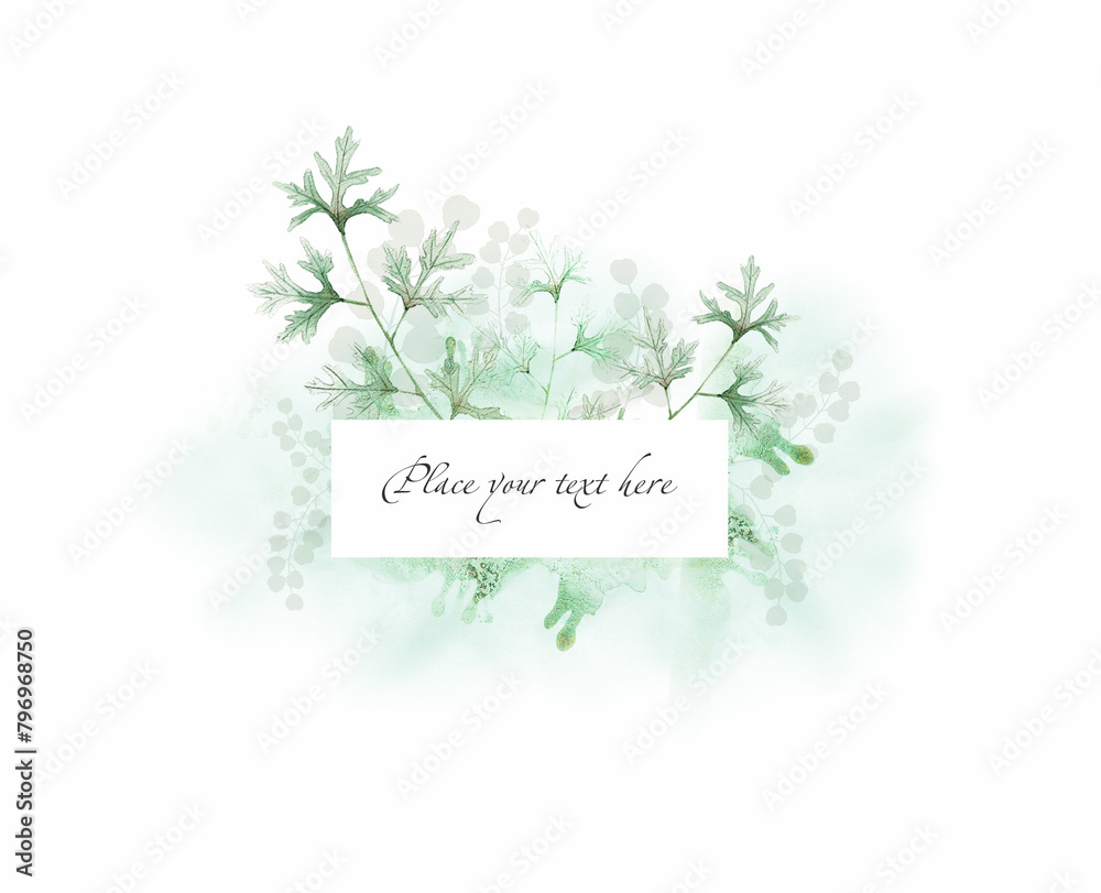 Watercolor hand painted green floral invitation card with eucalyptus and other herbs isolated on white background. Herbal watercolor wreath for greeting card or poster. Greeting design Concept