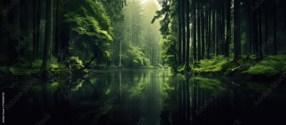 A river flowing through a dense woodland A river flowing through a dense woodland