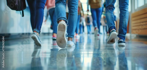 Close-up of legs of students walking in the school corridor.