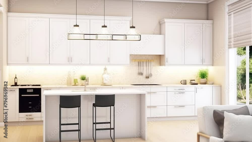 Slow motion modern kitchen interior, white furniture light architecture design. AI generated.
