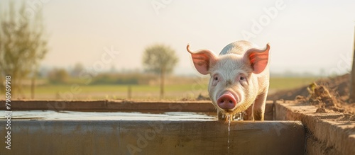 A pig drinks water standing in a feeding trough