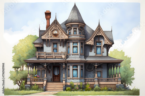 Victorian Style House (Cartoon Colored Pencil) - Originated in the mid to late 19th century in England, ornate style with asymmetrical shapes, intricate details, and steep roofs