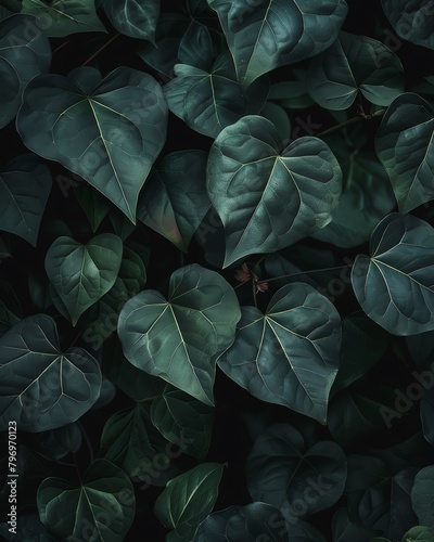 Dark green leaves, with high resolution and high detail, using a natural color scheme against a dark background, in an aesthetic and beautiful style cinematic