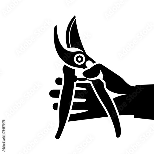 Hand holding opened secateurs isolated on white background. Black icon pruner in hand. Gardener pruning currant in garden. Scissors for trimming branches. Vector illustration flat design.