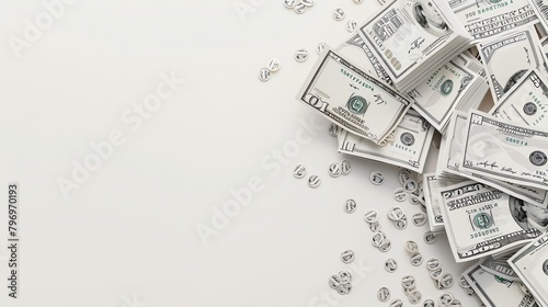 A stack of one hundred dollar bills on a white background. The bills are arranged in a neat stack with a few loose bills scattered around. photo