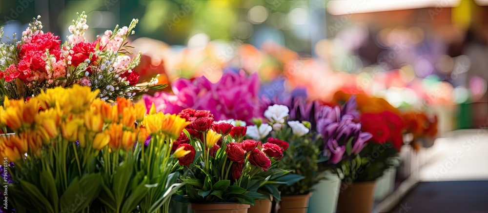 Fototapeta premium Colorful potted flowers adorn the table