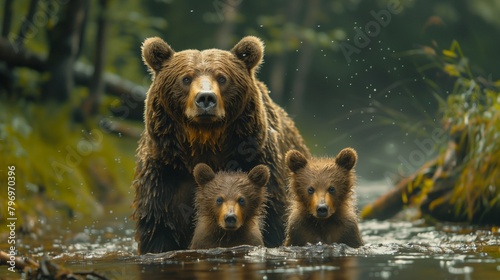 Wild Bear Family Alert by the River, generative ai