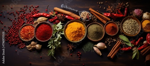 Table with bowls of various spices photo