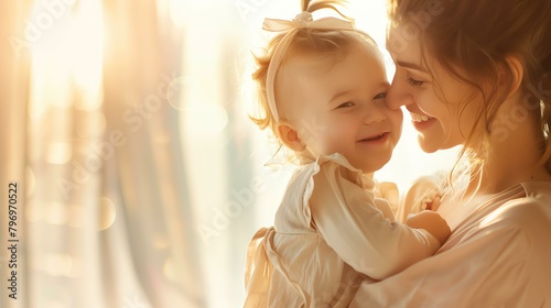 A mother and her baby are sitting in a warm embrace. The mother is smiling and the baby is laughing. They are both wearing white dresses. photo