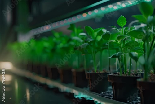 A photo of a plant growing in a laboratory with a futuristic feel. photo