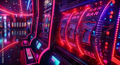 A photo of a slot machine with a winning combination of 777 on its reels.