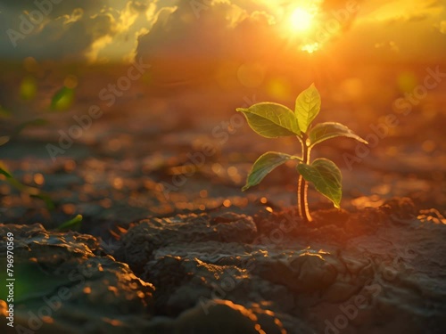 A small plant growing in a crack in the dry earth. The sun is setting behind it. photo