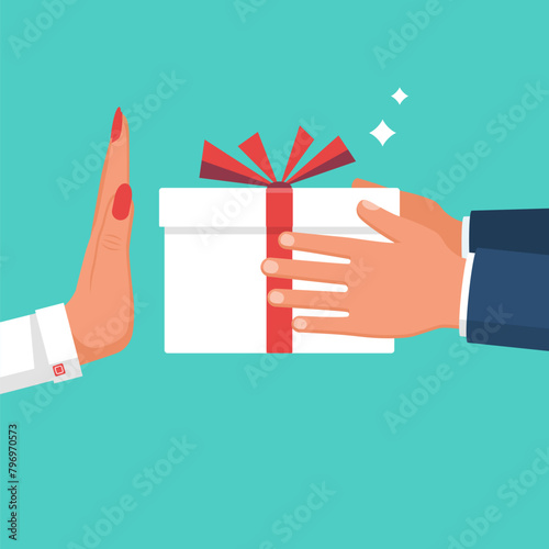 The woman refuses the gift. Rejecting proposal. Man holding in hand gift box with ribbon. Gesture rejects the proposal. Vector illustration flat design.