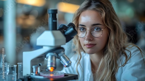 Analyzing Petri Dish Sample: Caucasian Female Scientist in Medical Lab Observing Under Microscope. Concept Medical Research, Laboratory Analysis, Scientific Observations, Microscopic Examination