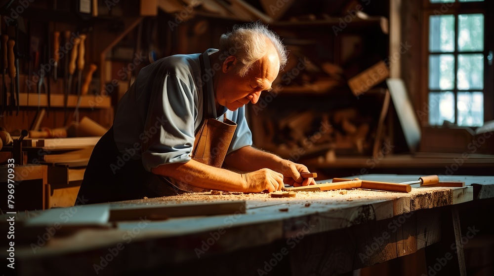 Skilled Woodworker Crafting in a Sunlit Workshop - ai generative