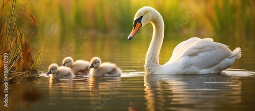 Two swans and ducklings swimming