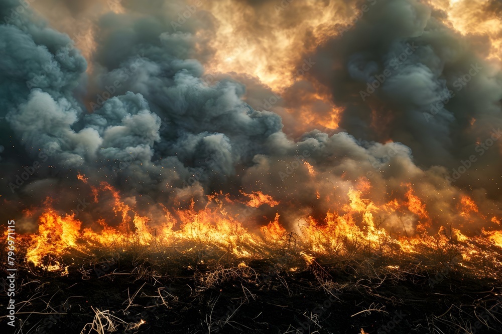 Smoke and fire rise into the sky from a burning wasteland. Concept Disaster, Fire Hazard, Environmental Destruction, Emergency Response, Safety Measures