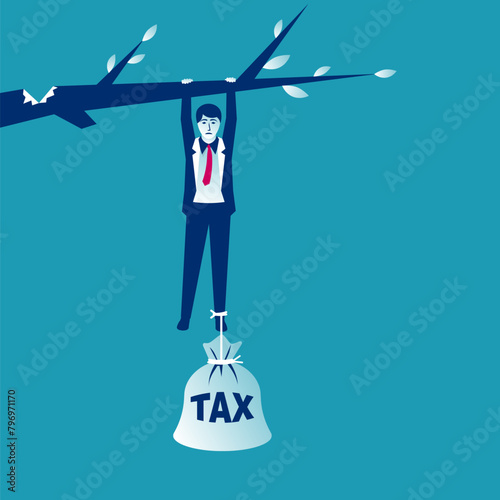Tax conceptual. Businessman hanging on a branch with a big bag of debts. Tax as heavy weight. Vector illustration flat design. Isolated on white background.