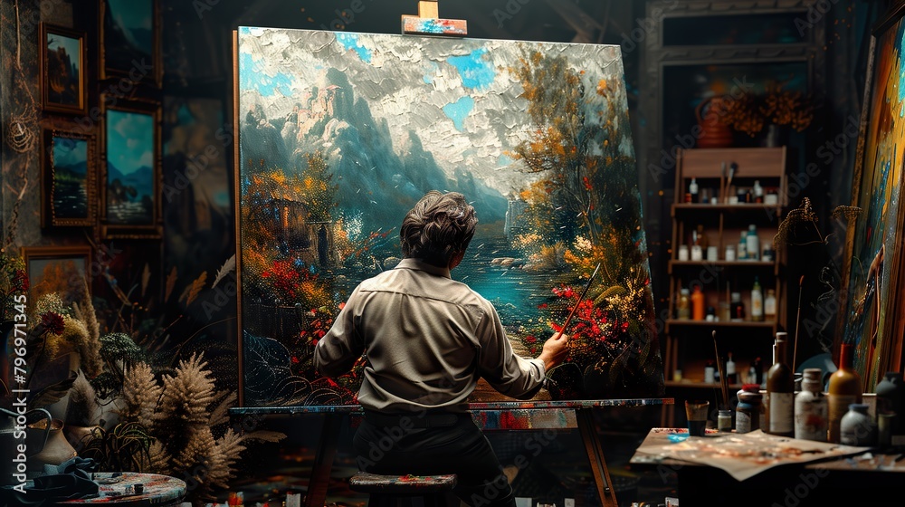 Artist Immersed in Vibrant Landscape Painting in Studio - ai generative Artist Immersed in Vibrant Landscape Painting in Studio - ai generative