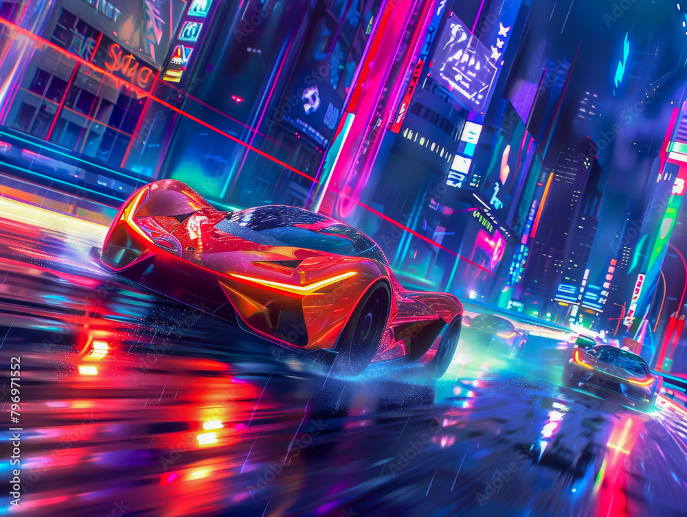 A car is driving down a wet street in a city with neon lights