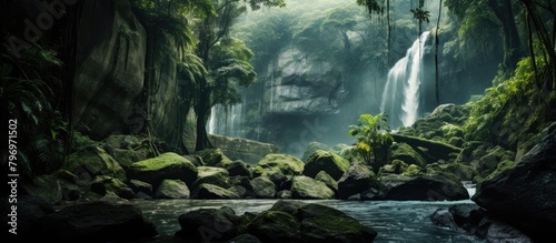 Waterfall in lush forest with rocks and trees