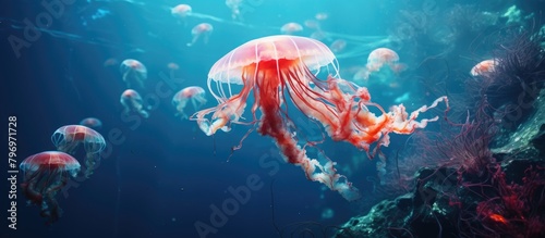 Jellyfish swimming in tank with abundant water photo