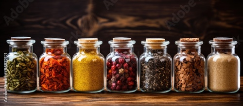 Row of glass jars with various spices