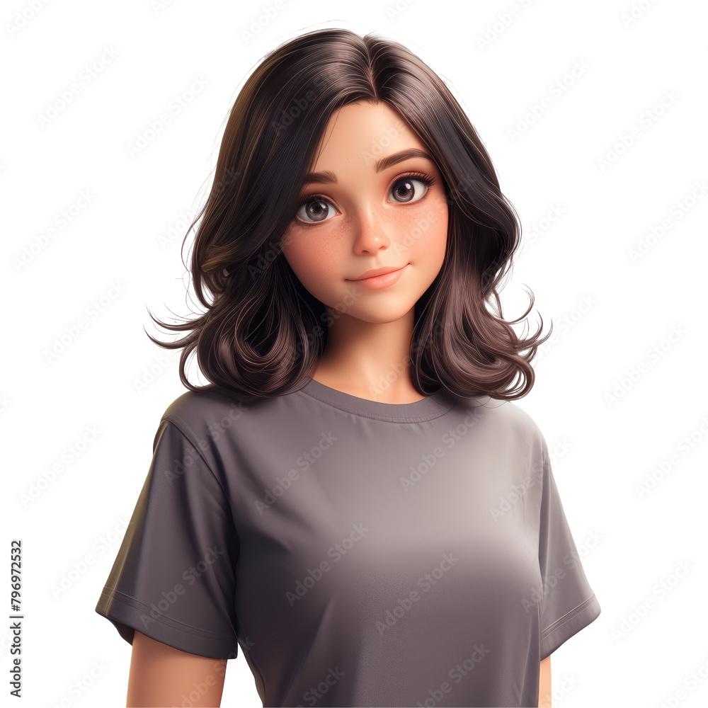 A stylish young Caucasian cartoon woman impeccably groomed with sleek dark hair is casually clad in a cozy gray t shirt set against a simple studio background with room for text A stylish young Caucasian cartoon woman impeccably groomed with sleek dark hair is casually clad in a cozy gray t shirt set against a simple studio background with room for text