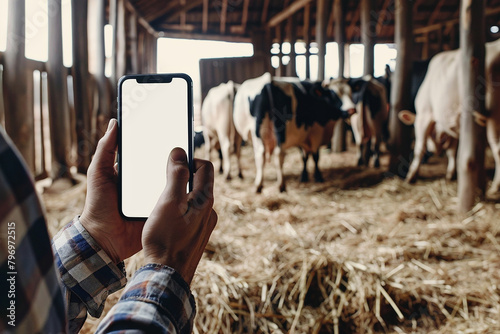 A farmer holding an empty mockup screen mobile phone at a cow barn. Generative AI content.