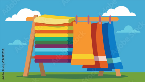 A stack of brightly colored towels drying in the sun on a wooden drying rack.