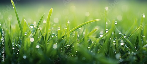 Green grass with water droplets close up