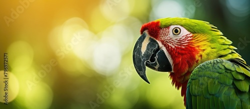 Vivid macaw displaying green and red plumage and yellow bill photo