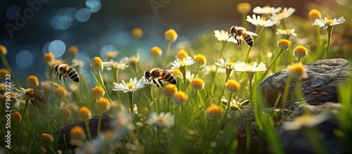 Bees flying above field flowers rock background photo