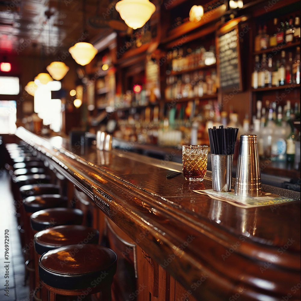 Photo of the bar counter with wood furniture. Generative Ai content. Photo of the bar counter with wood furniture. Generative Ai content.