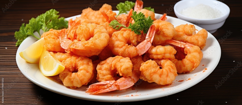 Plate of cooked shrimp and lemon wedge Plate of cooked shrimp and lemon wedge