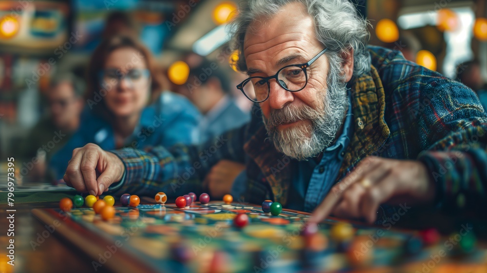 © jessica - Senior Man Playing Colorful Board Game in Busy Cafe - ai generative