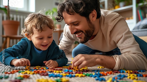 Father and Son Playing with Colorful Puzzle Pieces - ai generative