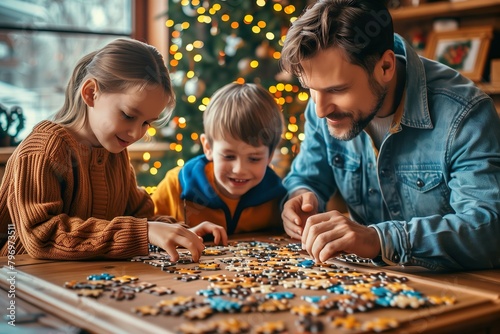 family playing puzzle on the table - ai generative photo