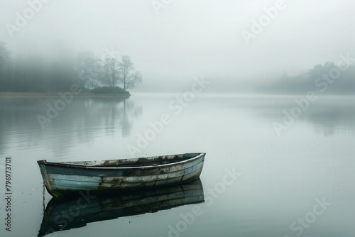 A misty morning scene with a lone boat floating on a calm lake © Eun Woo Ai
