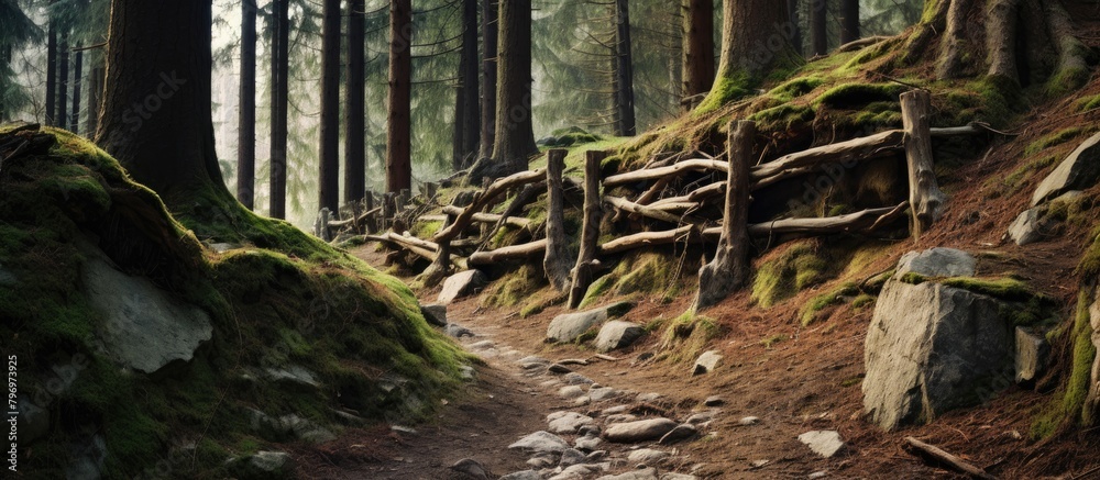 Obraz premium Dirt path winds through trees and rocks