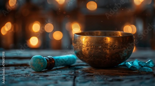 A closeup of a golden singing bowl with a luminescent turquoise mallet resting beside it  evoking peace and meditation