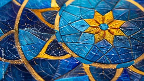A closeup of a geometric mandala painted in electric blue and bright yellow  representing unity and harmony