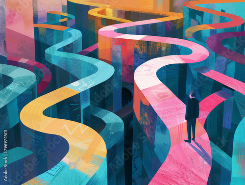 A man is walking down a long, winding path with many twists and turns