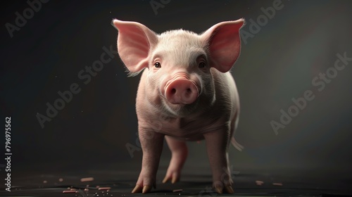 Cute and adorable domestic piglet standing on a dark background.